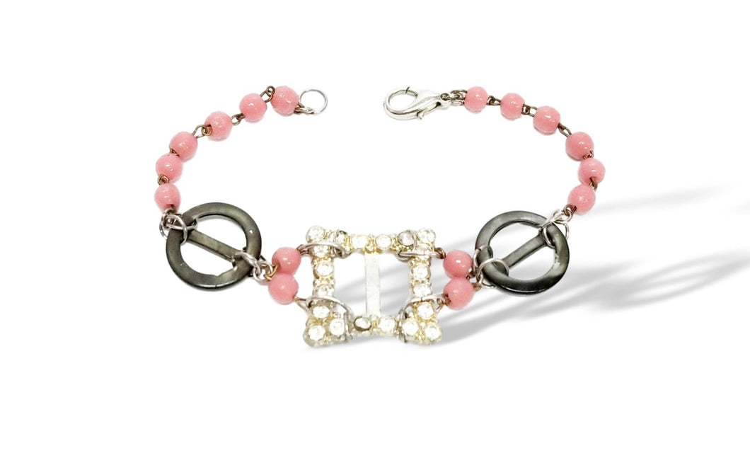 Vintage rhinestone pink beaded abalone assemblage buckle bracelet