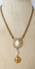 Load image into Gallery viewer, Vintage gold filled cameo with Our Lady of Lourdes medal Victorian book chain assemblage necklace
