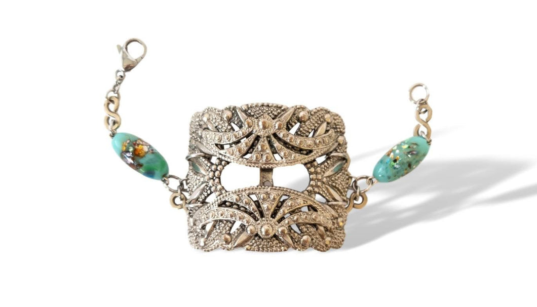 Handmade antique French cut steel wide assemblage cuff bracelet blue glass Murano Venetian birthday cake beads