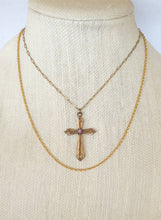 Load image into Gallery viewer, Antique art nouveau gold filled cross necklace, double strand, gifts for her
