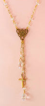 Load image into Gallery viewer, Vintage handmade gold filled etched cross crystal briolette teardrop beaded tassel necklace
