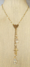 Load image into Gallery viewer, Vintage handmade gold filled etched cross crystal briolette teardrop beaded tassel necklace
