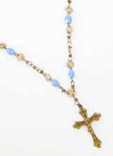 Load image into Gallery viewer, Vintage handmade boho brass crucifix on blue glass beaded filigree chain neckace

