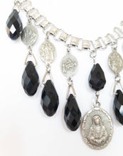 Load image into Gallery viewer, Vintage handmade Our Lady of Sorrows Catholic medals black crystal briolette drops assemblage bib necklace
