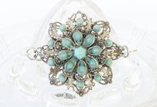 Load image into Gallery viewer, Upcycled vintage faux turquoise filigree flower silver tone bracelet handmade jewelry
