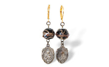 Load image into Gallery viewer, Vintage religious medals dangle assemblage earrings with black Venetian Murano wedding cake beads

