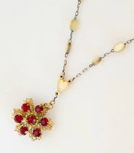 Load image into Gallery viewer, Vintage handmade red rhinestone floral filigree mother of pearl rosary assemblage necklace
