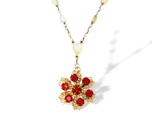Load image into Gallery viewer, Vintage handmade red rhinestone floral filigree mother of pearl rosary assemblage necklace
