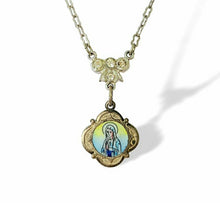 Load image into Gallery viewer, Dainty handmade vintage religious painted enamel Miraculous medal rhinestone assemblage necklace
