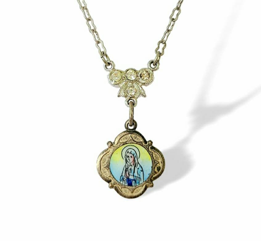 Dainty handmade vintage religious painted enamel Miraculous medal rhinestone assemblage necklace