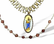 Load image into Gallery viewer, Vintage Madonna and child painted enamel medal book chain purple glass beads double strand

