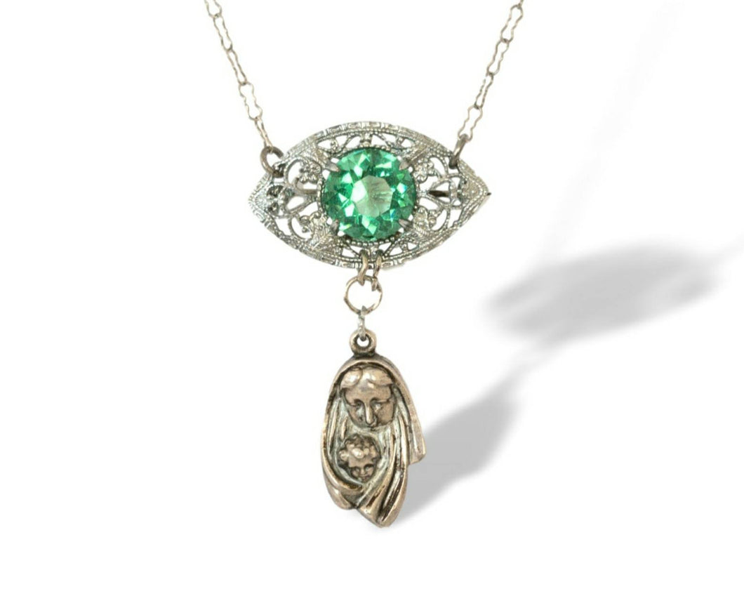 Vintage sterling silver art deco style Madonna and child green rhinestone assemblage necklace, religious