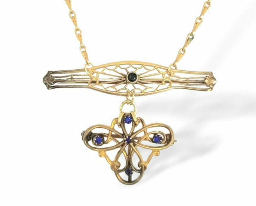Handmade vintage Victorian gold filled sapphire blue rhinestone assemblage necklace