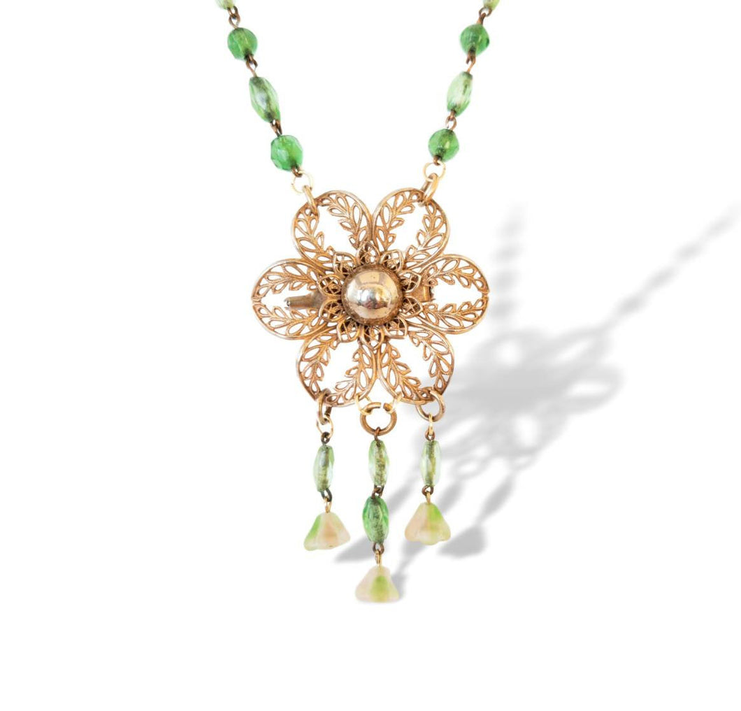 Vintage handmade floral filigree green beaded fringe assemblage necklace