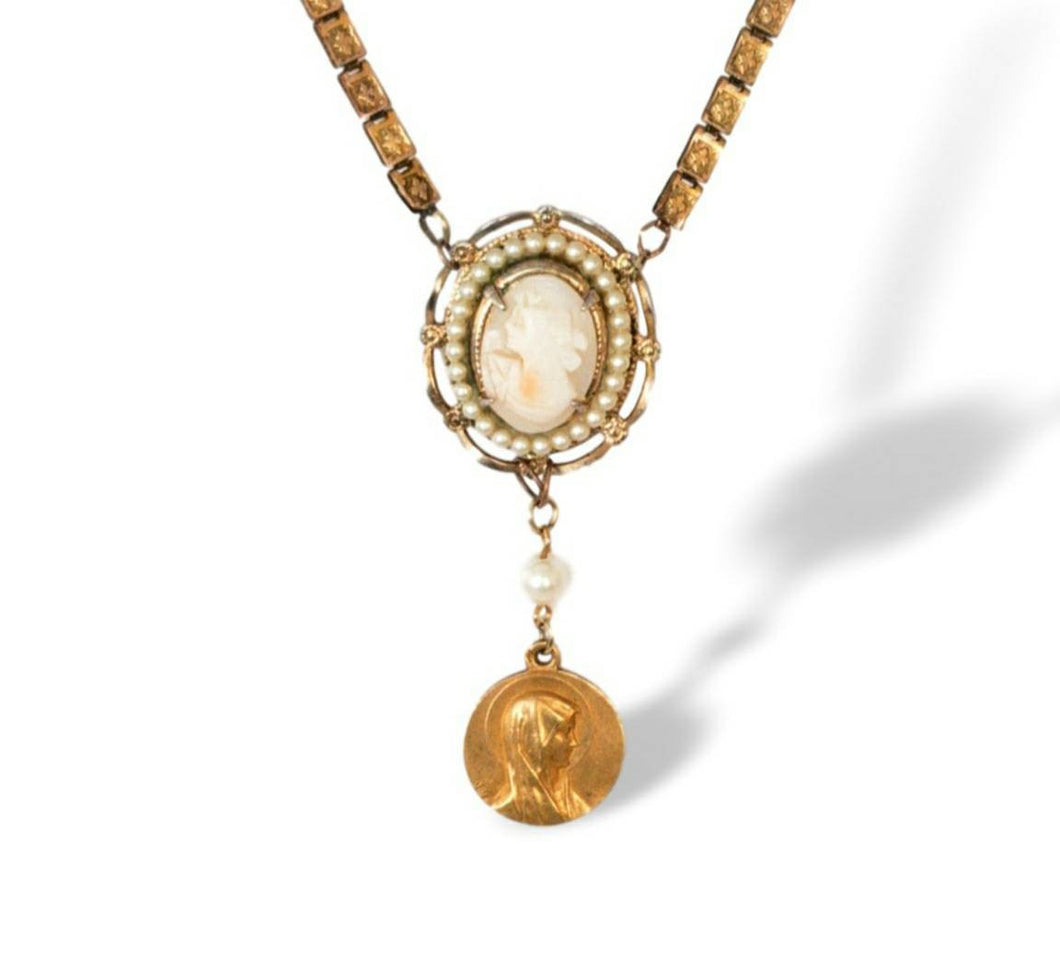 Vintage gold filled cameo with Our Lady of Lourdes medal Victorian book chain assemblage necklace