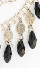 Load image into Gallery viewer, Vintage handmade Our Lady of Sorrows Catholic medals black crystal briolette drops assemblage bib necklace
