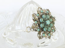 Load image into Gallery viewer, Upcycled vintage faux turquoise filigree flower silver tone bracelet handmade jewelry
