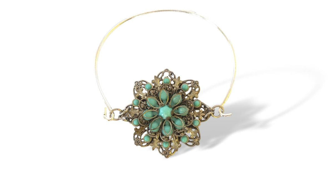 Upcycled vintage faux turquoise filigree flower silver tone bracelet handmade jewelry
