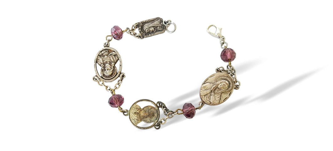 Handmade vintage rosary centerpiece assemblage bracelet purple glass beads Catholic