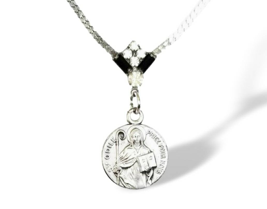 Vintage handmade French Saint Odile Catholic medal rhinestone assemblage necklace