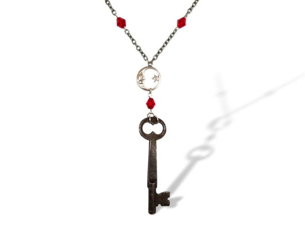 Antique boho skeleton key necklace with moon and star charm