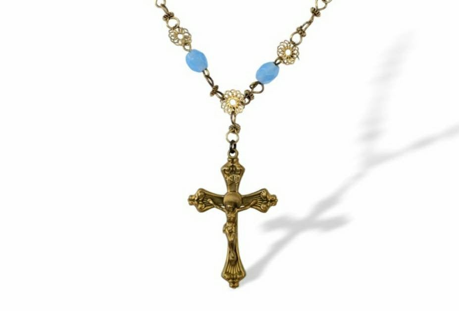 Vintage handmade boho brass crucifix on blue glass beaded filigree chain neckace