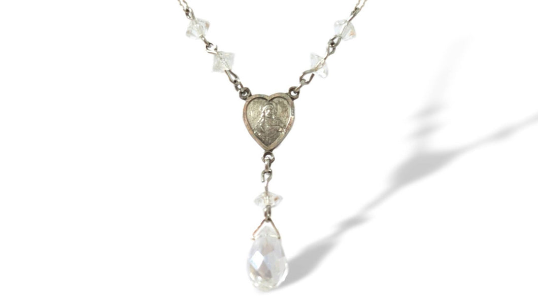 Vintage handmade sterling silver Sacred Heart of Jesus faceted crystal briolette teardrop Y necklace