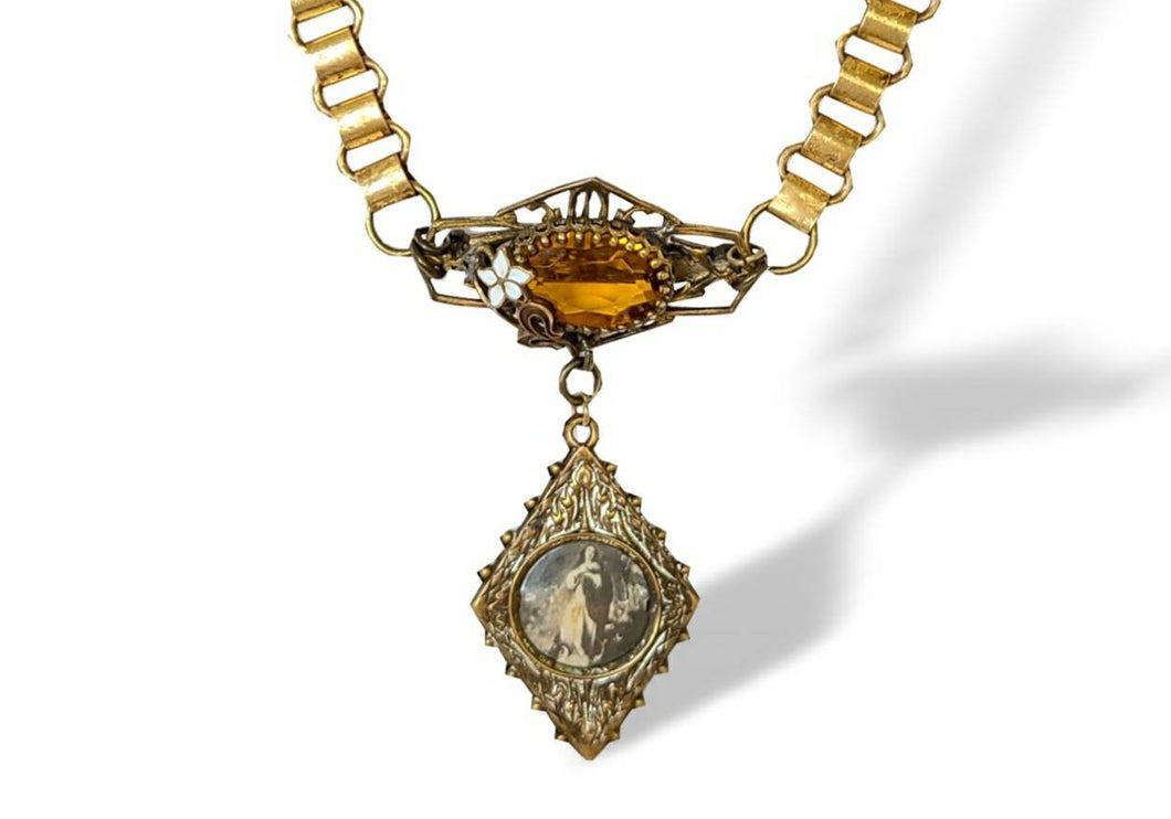 Vintage art deco style Miraculous pendant assemblage necklace on book chain