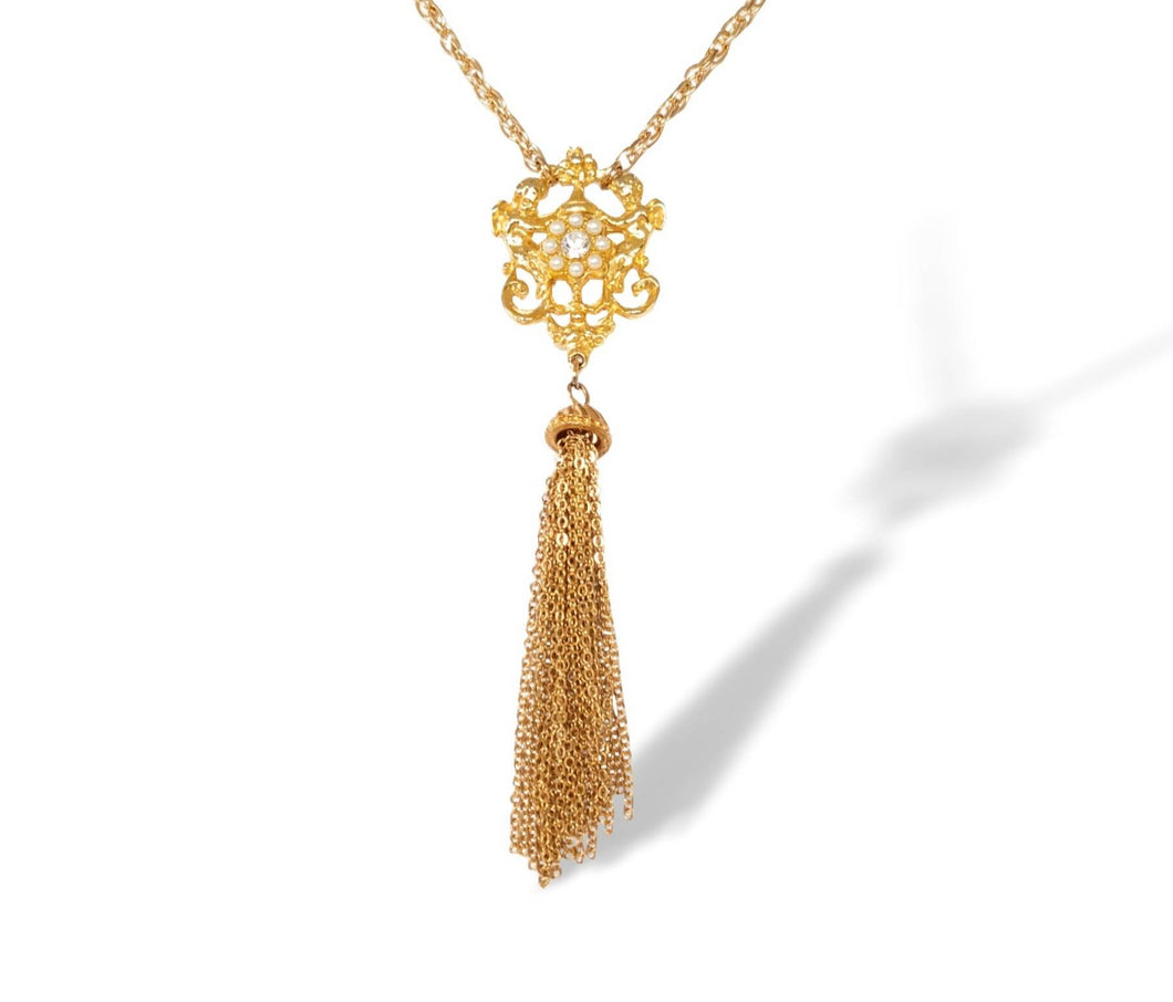 Vintage handmade floral chain tassel assemblage necklace