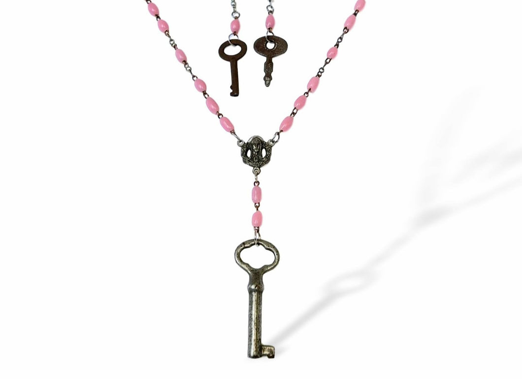 Antique skeleton key necklace and key earring jewelry set on pink glass beads