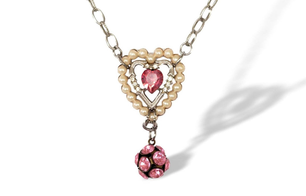 Handmade vintage pink rhinestone heart pendant assemblage necklace
