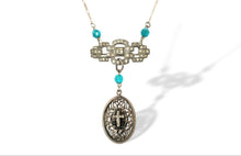 Load image into Gallery viewer, Antique religious sterling silver marcasite cross assemblage necklace with rhinestones &amp; turquoise beads
