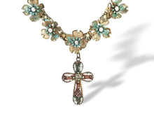 Load image into Gallery viewer, Vintage micro mosaic cross blue flower rhinestone assemblage necklace
