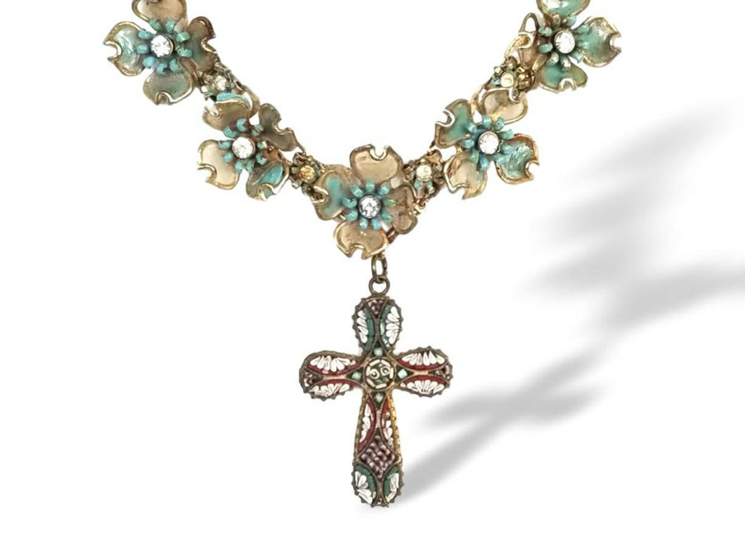 Vintage micro mosaic cross blue flower rhinestone assemblage necklace