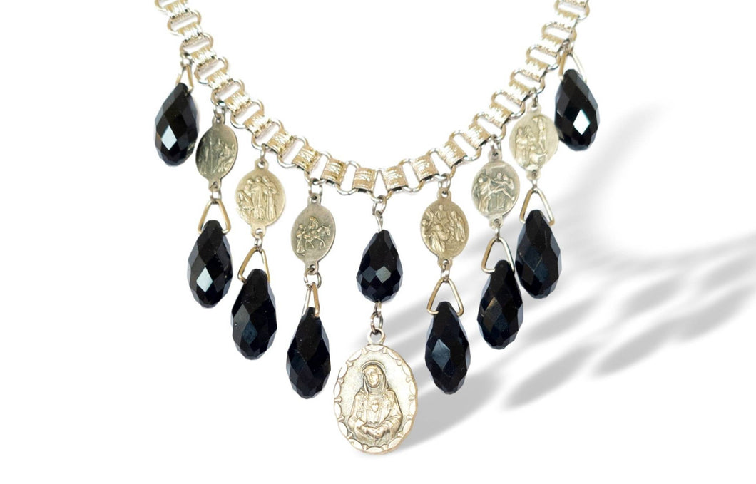 Vintage handmade Our Lady of Sorrows Catholic medals black crystal briolette drops assemblage bib necklace