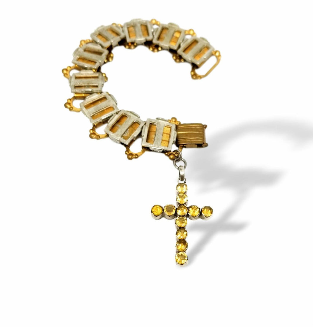 Chunky handmade vintage citrine cross bracelet two toned book chain