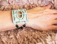 Load image into Gallery viewer, Handmade antique pot metal and paste black glass beads wide assemblage cuff bracelet

