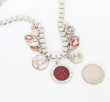 Load image into Gallery viewer, Vintage Catholic red and white enamel Saint Christopher medal loaded charm assemblage necklace on book chain
