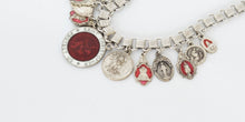 Load image into Gallery viewer, Vintage Catholic red and white enamel Saint Christopher medal loaded charm assemblage necklace on book chain
