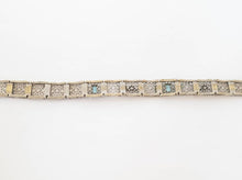 Load image into Gallery viewer, Antique art Deco blue and clear glass rhodium filigree link bracelet, gifts for her
