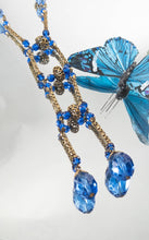 Load image into Gallery viewer, Rare art deco blue Czech glass and brass filigree faceted bead necklace, vintage
