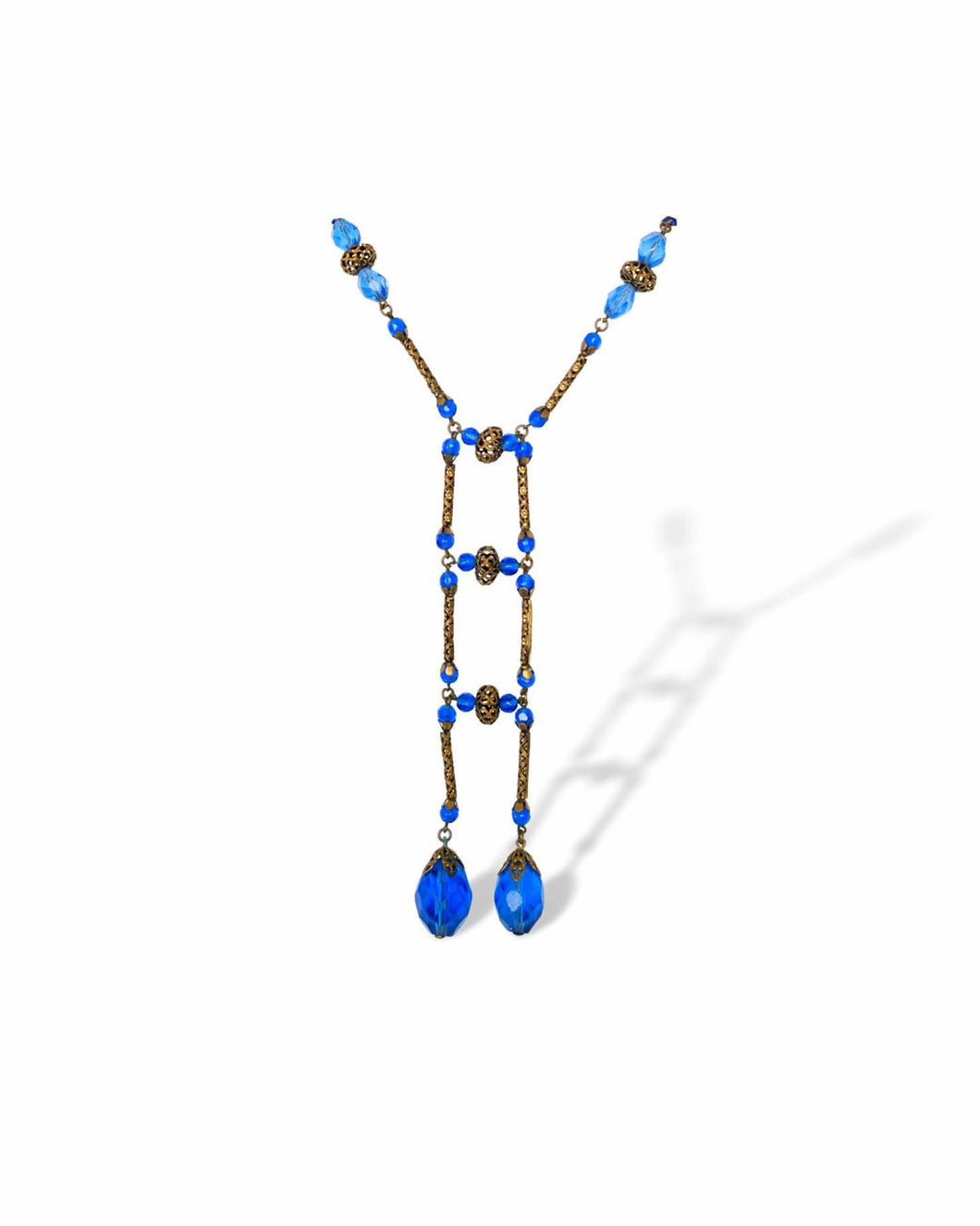 Rare art deco blue Czech glass and brass filigree faceted bead necklace, vintage