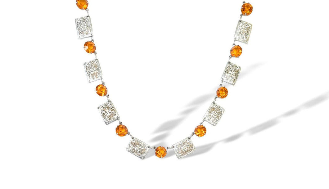 Vintage art deco bezel set open back citrine crystal rhodium filigree necklace