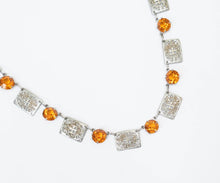 Load image into Gallery viewer, Vintage art deco bezel set open back citrine crystal rhodium filigree necklace
