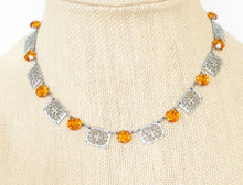 Load image into Gallery viewer, Vintage art deco bezel set open back citrine crystal rhodium filigree necklace

