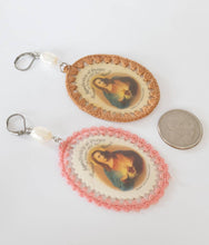 Load image into Gallery viewer, Vintage handmade Sacred Heart of Jesus Scapular relic and pearl dangle earrings, Catholic
