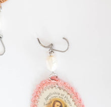 Load image into Gallery viewer, Vintage handmade Sacred Heart of Jesus Scapular relic and pearl dangle earrings, Catholic
