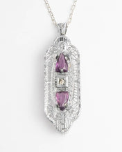 Load image into Gallery viewer, 1920s antique art deco amethyst glass rhodium filigree pendant booch necklace
