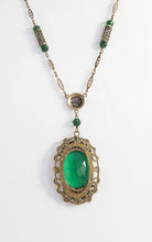 Load image into Gallery viewer, Vintage art deco large emerald green Czech glass pendant and brass filigree necklace Neiger?

