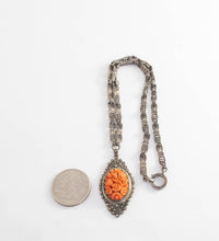 Load image into Gallery viewer, Antique art deco sterling silver molded floral coral glass necklace with marcasite
